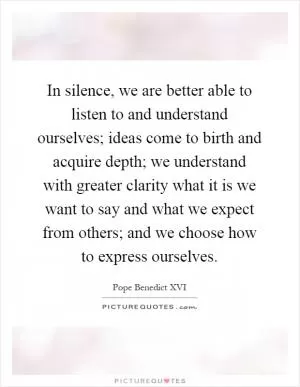 In silence, we are better able to listen to and understand ourselves; ideas come to birth and acquire depth; we understand with greater clarity what it is we want to say and what we expect from others; and we choose how to express ourselves Picture Quote #1