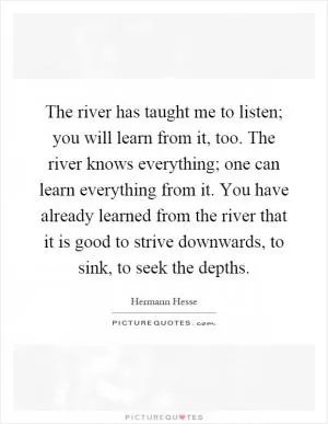 The river has taught me to listen; you will learn from it, too. The river knows everything; one can learn everything from it. You have already learned from the river that it is good to strive downwards, to sink, to seek the depths Picture Quote #1