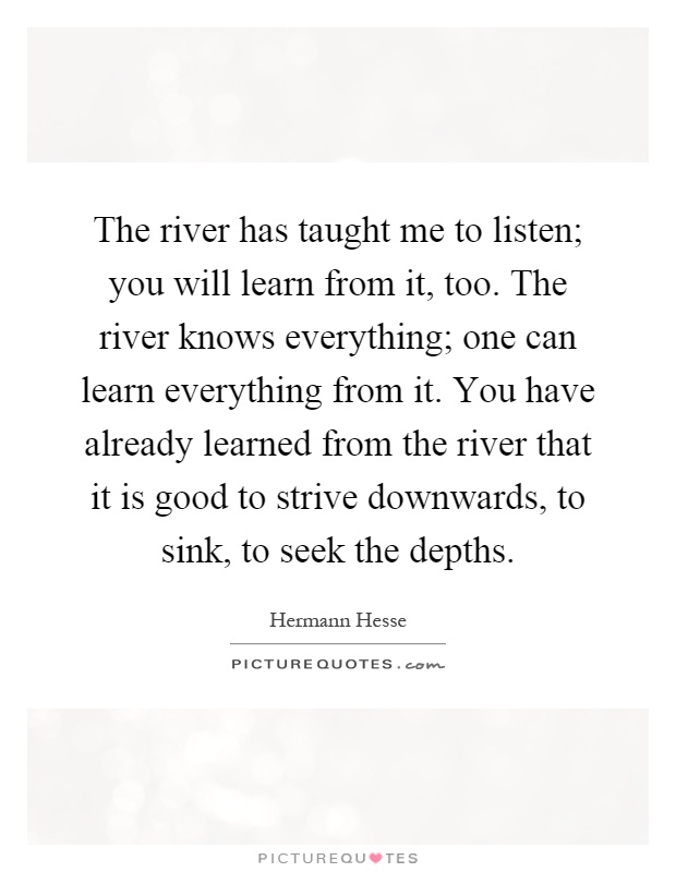 The river has taught me to listen; you will learn from it, too. The river knows everything; one can learn everything from it. You have already learned from the river that it is good to strive downwards, to sink, to seek the depths Picture Quote #1