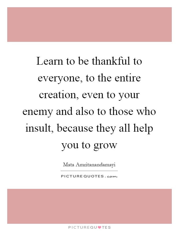 Learn to be thankful to everyone, to the entire creation, even to your enemy and also to those who insult, because they all help you to grow Picture Quote #1