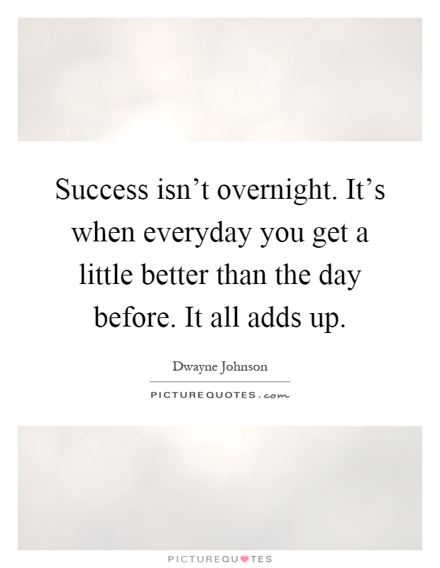 Success isn't overnight. It's when everyday you get a little better than the day before. It all adds up Picture Quote #1