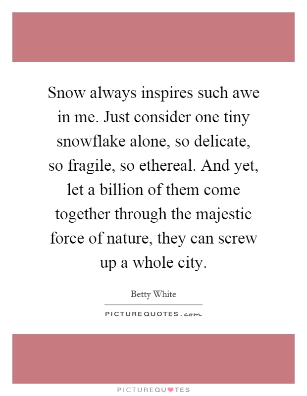 Snow always inspires such awe in me. Just consider one tiny snowflake alone, so delicate, so fragile, so ethereal. And yet, let a billion of them come together through the majestic force of nature, they can screw up a whole city Picture Quote #1