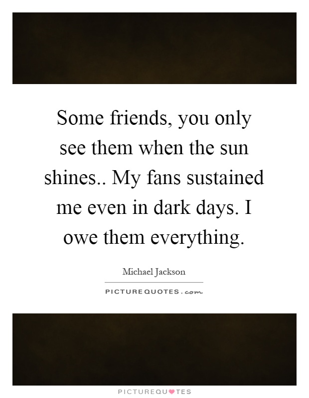 Some friends, you only see them when the sun shines.. My fans sustained me even in dark days. I owe them everything Picture Quote #1