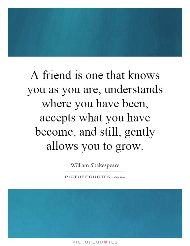 A friend is one that knows you as you are, understands where you have been, accepts what you have become, and still, gently allows you to grow Picture Quote #1