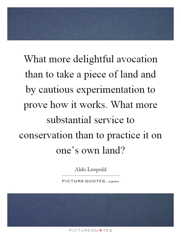What more delightful avocation than to take a piece of land and by cautious experimentation to prove how it works. What more substantial service to conservation than to practice it on one's own land? Picture Quote #1
