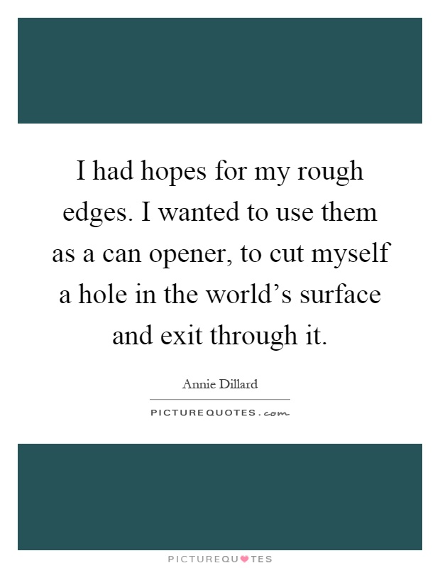 I had hopes for my rough edges. I wanted to use them as a can opener, to cut myself a hole in the world's surface and exit through it Picture Quote #1