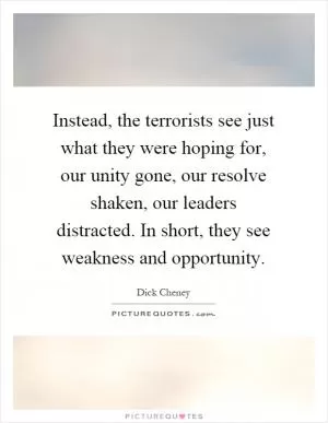 Instead, the terrorists see just what they were hoping for, our unity gone, our resolve shaken, our leaders distracted. In short, they see weakness and opportunity Picture Quote #1