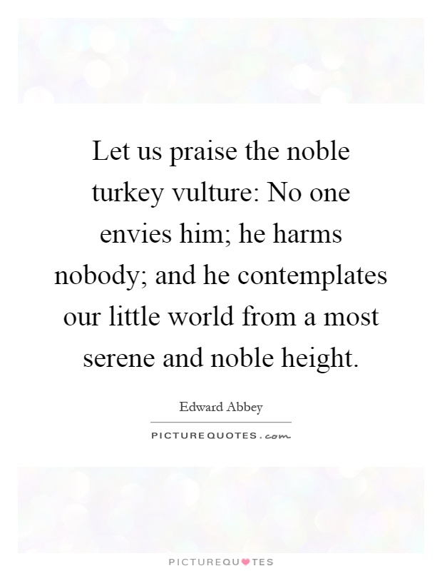 Let us praise the noble turkey vulture: No one envies him; he harms nobody; and he contemplates our little world from a most serene and noble height Picture Quote #1