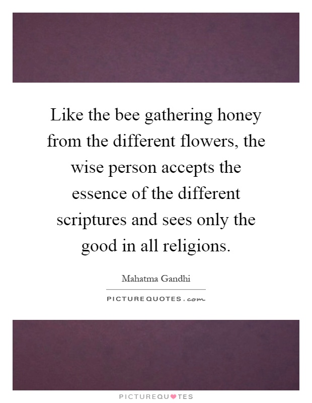 Like the bee gathering honey from the different flowers, the wise person accepts the essence of the different scriptures and sees only the good in all religions Picture Quote #1