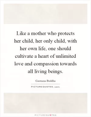 Like a mother who protects her child, her only child, with her own life, one should cultivate a heart of unlimited love and compassion towards all living beings Picture Quote #1