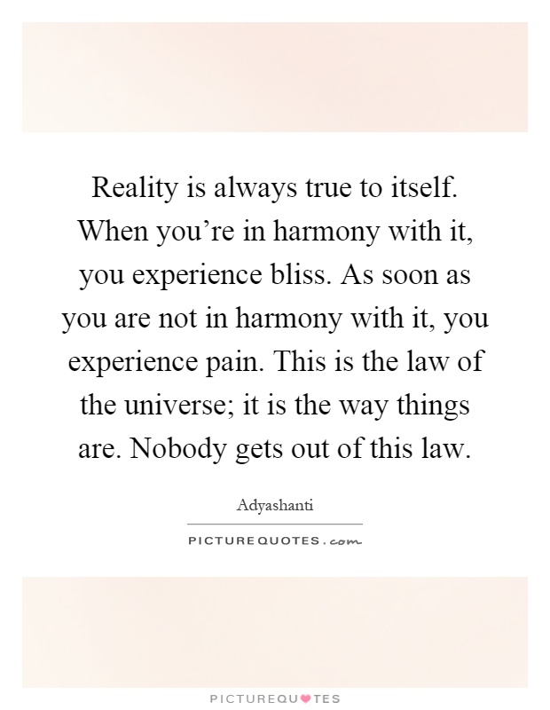 Reality is always true to itself. When you're in harmony with it, you experience bliss. As soon as you are not in harmony with it, you experience pain. This is the law of the universe; it is the way things are. Nobody gets out of this law Picture Quote #1