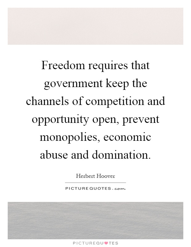 Freedom requires that government keep the channels of competition and opportunity open, prevent monopolies, economic abuse and domination Picture Quote #1