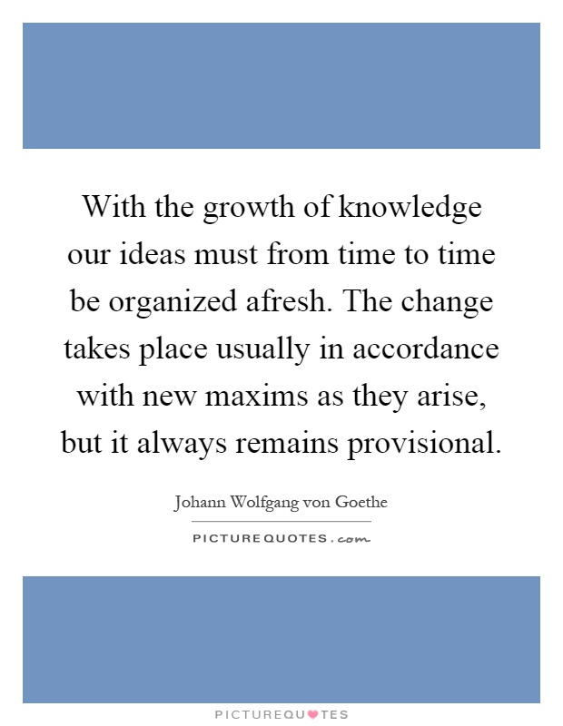 With the growth of knowledge our ideas must from time to time be organized afresh. The change takes place usually in accordance with new maxims as they arise, but it always remains provisional Picture Quote #1