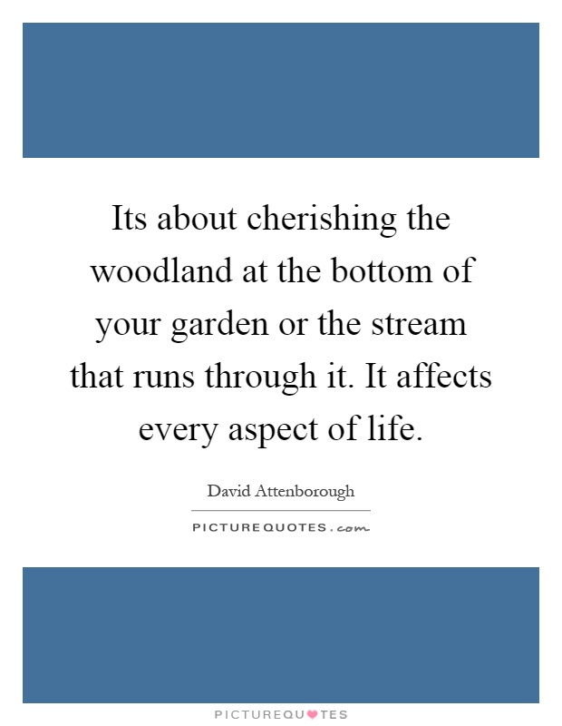 Its about cherishing the woodland at the bottom of your garden or the stream that runs through it. It affects every aspect of life Picture Quote #1
