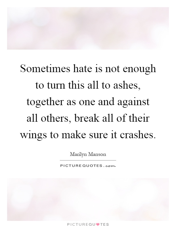Sometimes hate is not enough to turn this all to ashes, together as one and against all others, break all of their wings to make sure it crashes Picture Quote #1