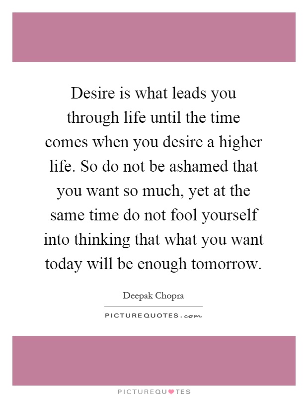 Desire is what leads you through life until the time comes when you desire a higher life. So do not be ashamed that you want so much, yet at the same time do not fool yourself into thinking that what you want today will be enough tomorrow Picture Quote #1