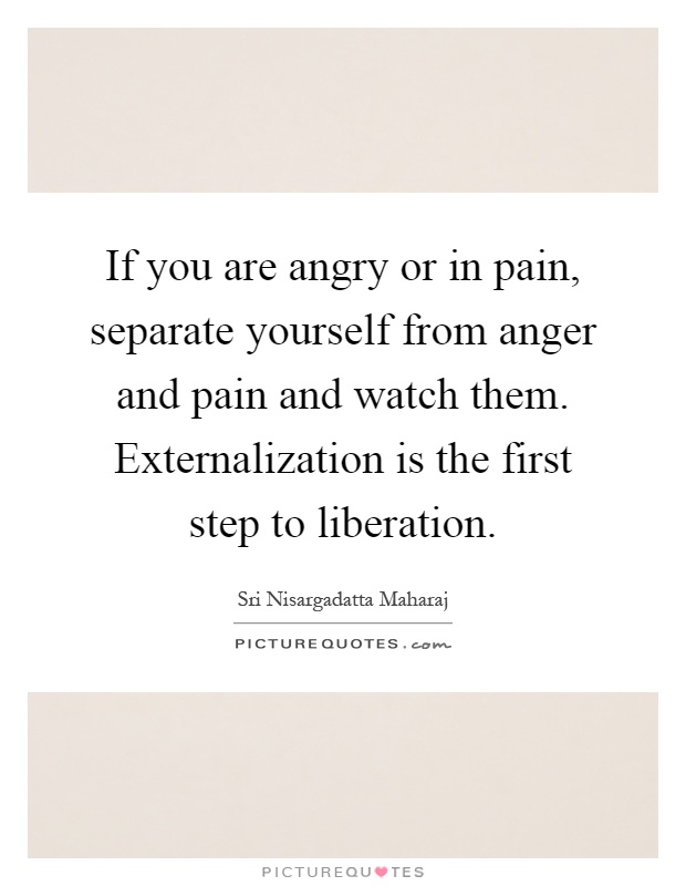 If you are angry or in pain, separate yourself from anger and pain and watch them. Externalization is the first step to liberation Picture Quote #1