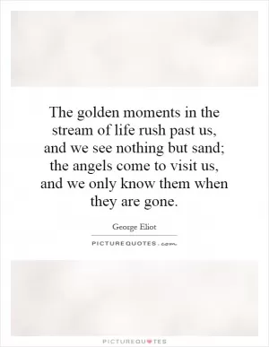 The golden moments in the stream of life rush past us, and we see nothing but sand; the angels come to visit us, and we only know them when they are gone Picture Quote #1
