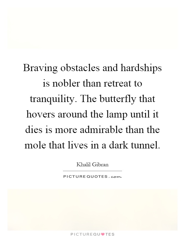 Braving obstacles and hardships is nobler than retreat to tranquility. The butterfly that hovers around the lamp until it dies is more admirable than the mole that lives in a dark tunnel Picture Quote #1