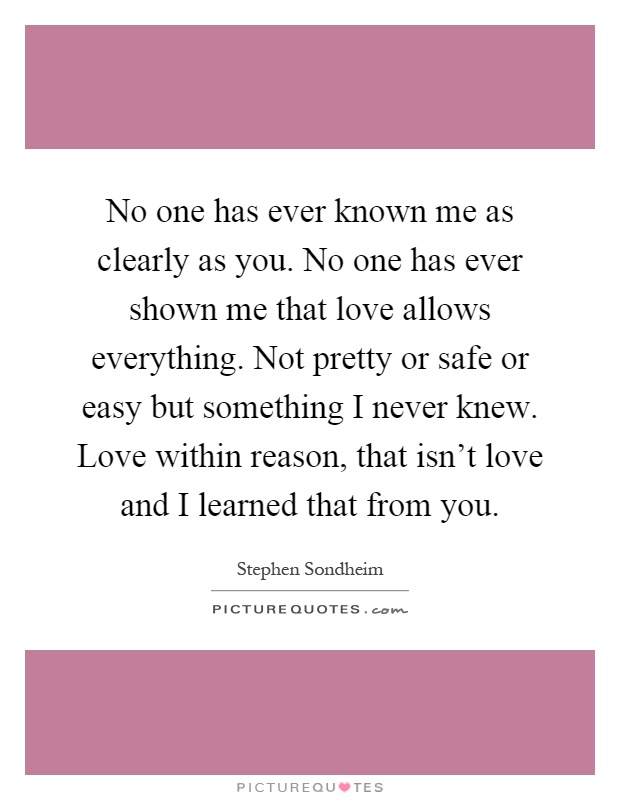 No one has ever known me as clearly as you. No one has ever shown me that love allows everything. Not pretty or safe or easy but something I never knew. Love within reason, that isn't love and I learned that from you Picture Quote #1