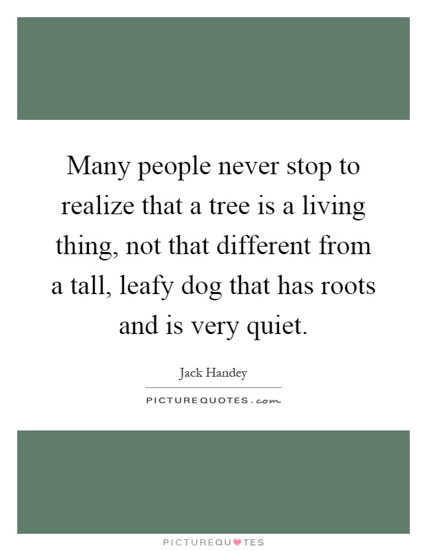 Many people never stop to realize that a tree is a living thing, not that different from a tall, leafy dog that has roots and is very quiet Picture Quote #1
