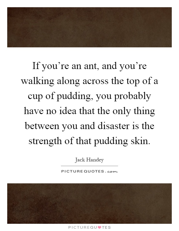 If you're an ant, and you're walking along across the top of a cup of pudding, you probably have no idea that the only thing between you and disaster is the strength of that pudding skin Picture Quote #1