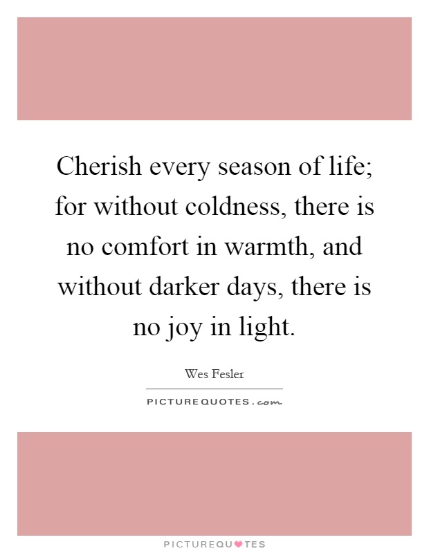 Cherish every season of life; for without coldness, there is no comfort in warmth, and without darker days, there is no joy in light Picture Quote #1