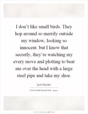 I don’t like small birds. They hop around so merrily outside my window, looking so innocent. but I know that secretly, they’re watching my every move and plotting to beat me over the head with a large steel pipe and take my shoe Picture Quote #1