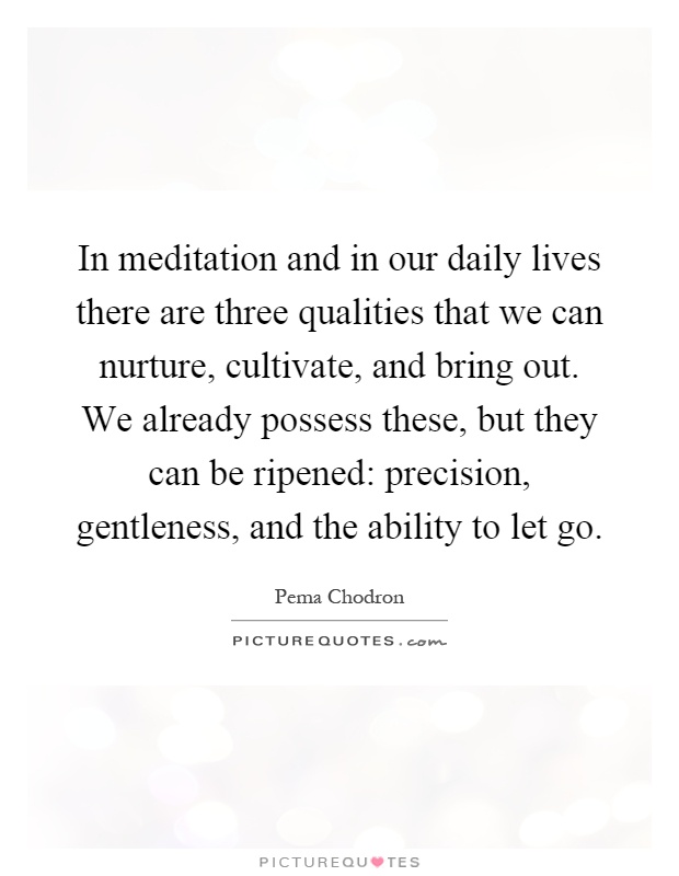 In meditation and in our daily lives there are three qualities that we can nurture, cultivate, and bring out. We already possess these, but they can be ripened: precision, gentleness, and the ability to let go Picture Quote #1
