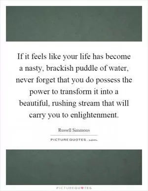 If it feels like your life has become a nasty, brackish puddle of water, never forget that you do possess the power to transform it into a beautiful, rushing stream that will carry you to enlightenment Picture Quote #1