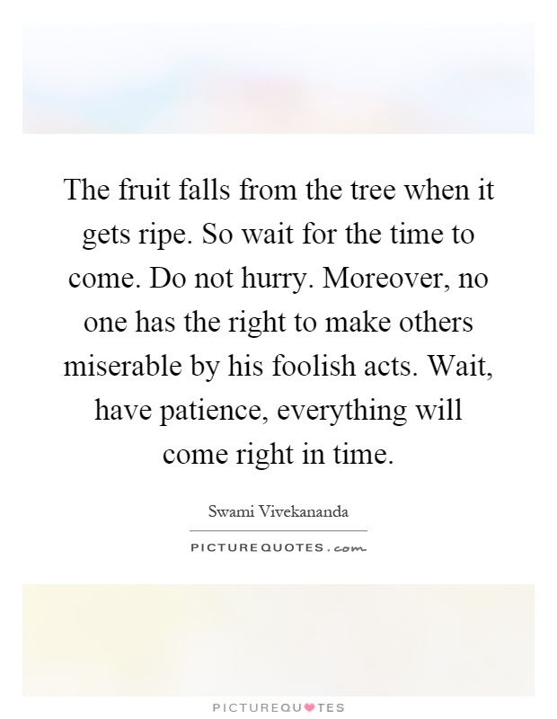 The fruit falls from the tree when it gets ripe. So wait for the time to come. Do not hurry. Moreover, no one has the right to make others miserable by his foolish acts. Wait, have patience, everything will come right in time Picture Quote #1