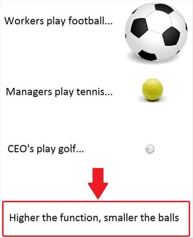 Workers play football. Managers play tennis. CEO's play golf. Higher the function, smaller the balls Picture Quote #1