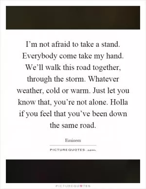 I’m not afraid to take a stand. Everybody come take my hand. We’ll walk this road together, through the storm. Whatever weather, cold or warm. Just let you know that, you’re not alone. Holla if you feel that you’ve been down the same road Picture Quote #1