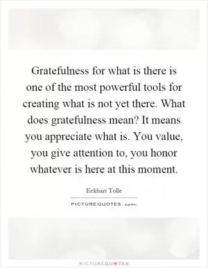 Gratefulness for what is there is one of the most powerful tools for creating what is not yet there. What does gratefulness mean? It means you appreciate what is. You value, you give attention to, you honor whatever is here at this moment Picture Quote #1