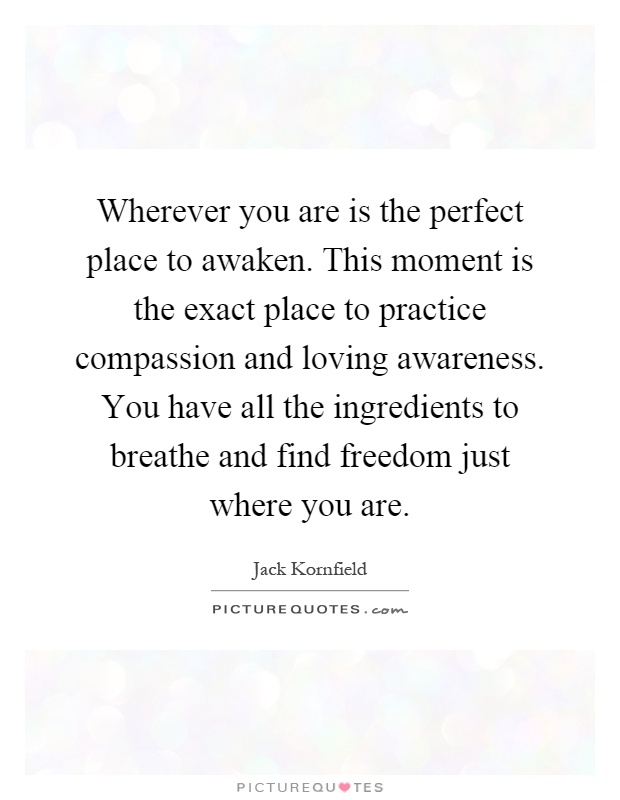 Wherever you are is the perfect place to awaken. This moment is the exact place to practice compassion and loving awareness. You have all the ingredients to breathe and find freedom just where you are Picture Quote #1