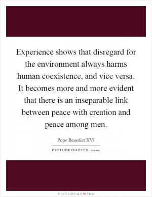 Experience shows that disregard for the environment always harms human coexistence, and vice versa. It becomes more and more evident that there is an inseparable link between peace with creation and peace among men Picture Quote #1