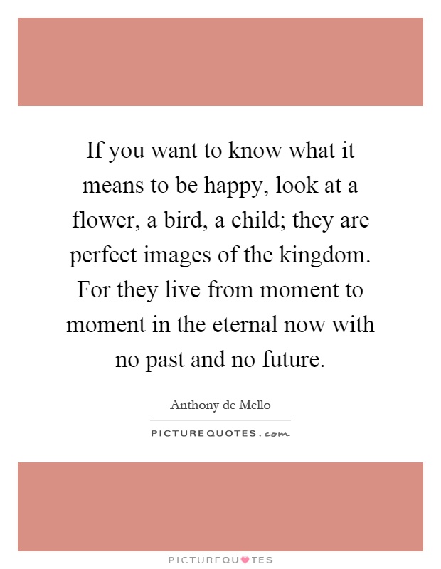 If you want to know what it means to be happy, look at a flower, a bird, a child; they are perfect images of the kingdom. For they live from moment to moment in the eternal now with no past and no future Picture Quote #1