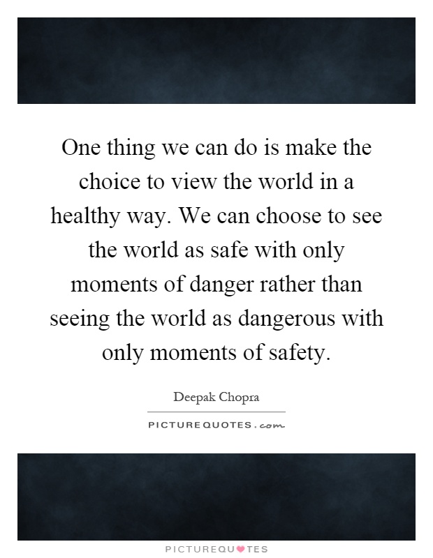 One thing we can do is make the choice to view the world in a healthy way. We can choose to see the world as safe with only moments of danger rather than seeing the world as dangerous with only moments of safety Picture Quote #1
