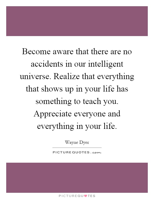 Become aware that there are no accidents in our intelligent universe. Realize that everything that shows up in your life has something to teach you. Appreciate everyone and everything in your life Picture Quote #1