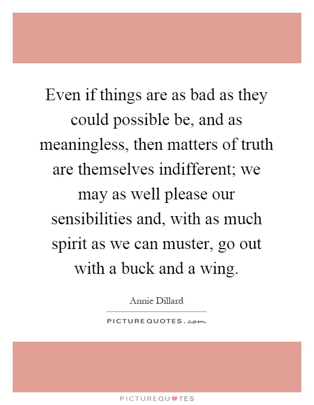 Even if things are as bad as they could possible be, and as meaningless, then matters of truth are themselves indifferent; we may as well please our sensibilities and, with as much spirit as we can muster, go out with a buck and a wing Picture Quote #1