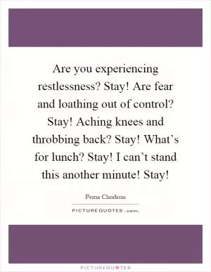 Are you experiencing restlessness? Stay! Are fear and loathing out of control? Stay! Aching knees and throbbing back? Stay! What’s for lunch? Stay! I can’t stand this another minute! Stay! Picture Quote #1