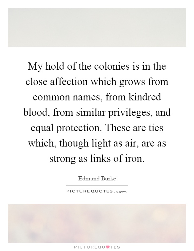 My hold of the colonies is in the close affection which grows from common names, from kindred blood, from similar privileges, and equal protection. These are ties which, though light as air, are as strong as links of iron Picture Quote #1