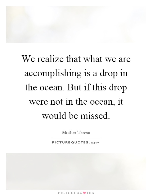 We realize that what we are accomplishing is a drop in the ocean. But if this drop were not in the ocean, it would be missed Picture Quote #1