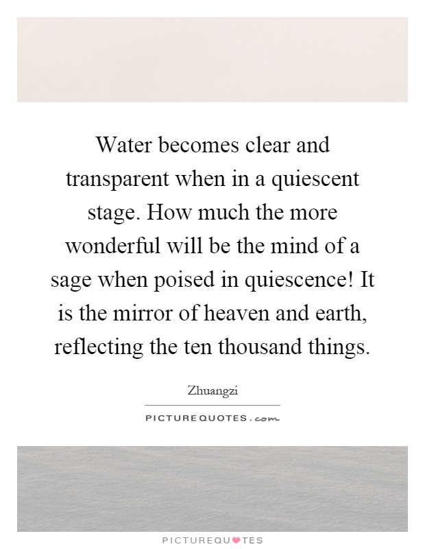 Water becomes clear and transparent when in a quiescent stage. How much the more wonderful will be the mind of a sage when poised in quiescence! It is the mirror of heaven and earth, reflecting the ten thousand things Picture Quote #1