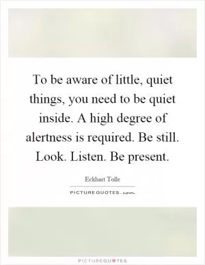 To be aware of little, quiet things, you need to be quiet inside. A high degree of alertness is required. Be still. Look. Listen. Be present Picture Quote #1