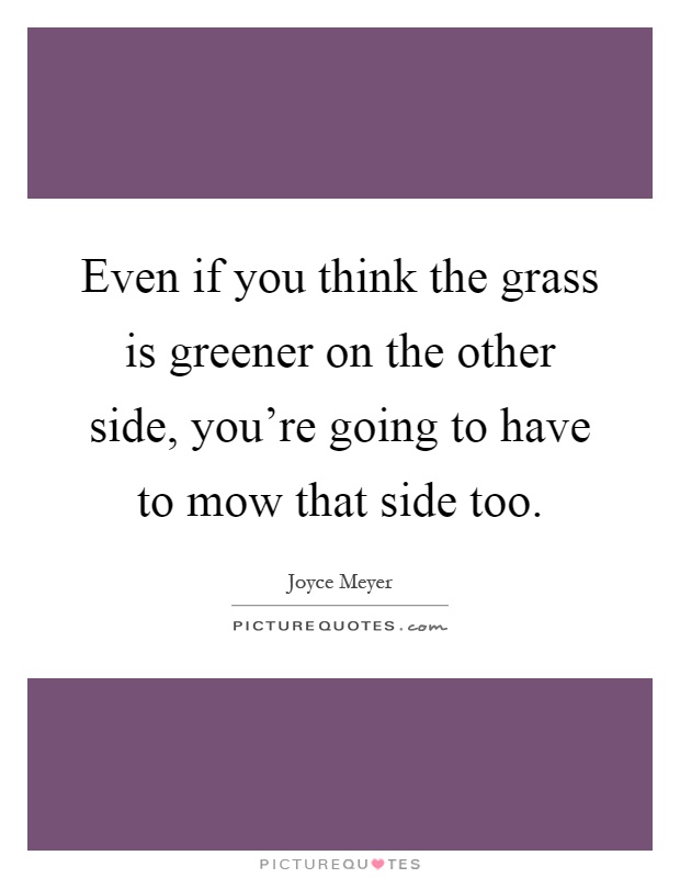 Even if you think the grass is greener on the other side, you're going to have to mow that side too Picture Quote #1