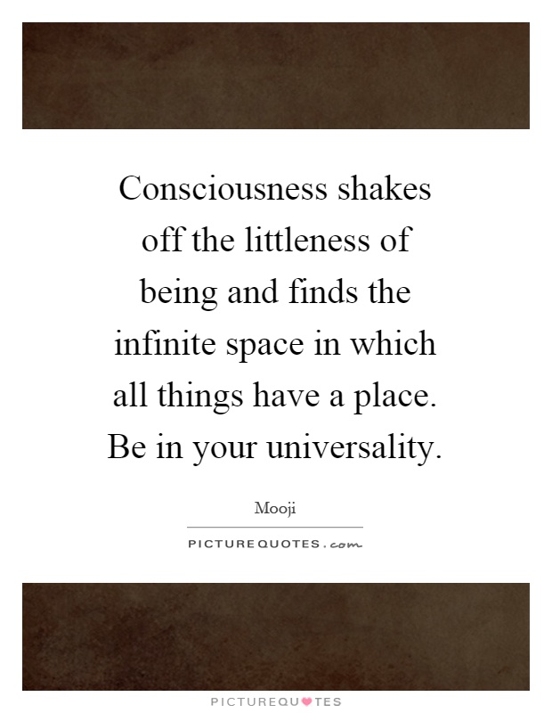 Consciousness shakes off the littleness of being and finds the infinite space in which all things have a place. Be in your universality Picture Quote #1