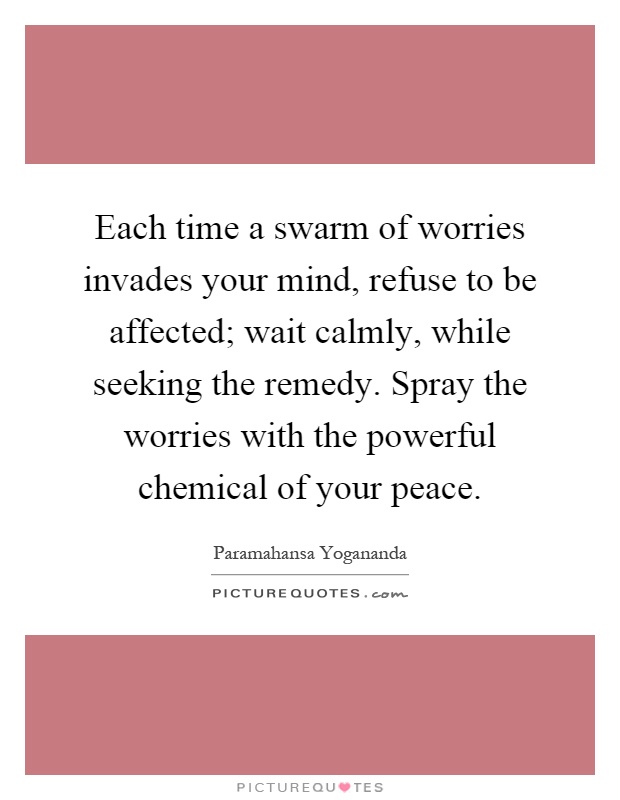 Each time a swarm of worries invades your mind, refuse to be affected; wait calmly, while seeking the remedy. Spray the worries with the powerful chemical of your peace Picture Quote #1