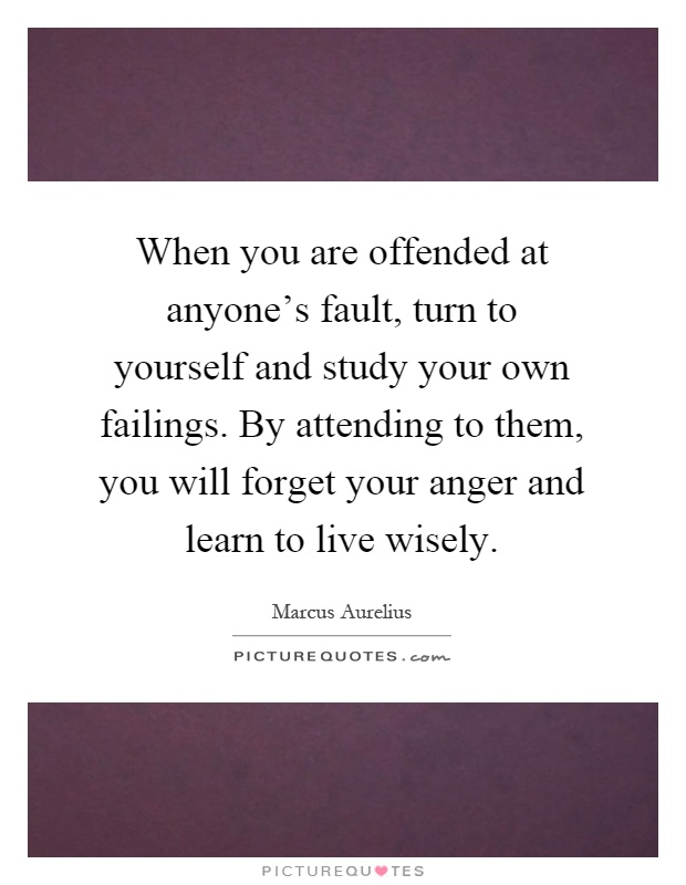 When you are offended at anyone's fault, turn to yourself and study your own failings. By attending to them, you will forget your anger and learn to live wisely Picture Quote #1