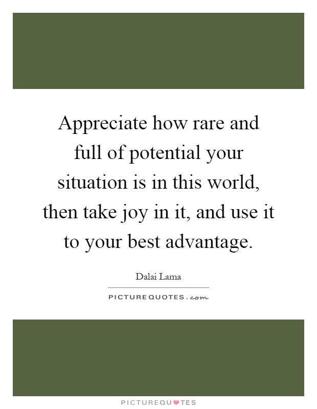 Appreciate how rare and full of potential your situation is in this world, then take joy in it, and use it to your best advantage Picture Quote #1